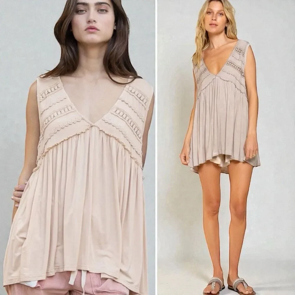 POL Tank Beige Lace Trim Boho Babydoll Sleeveless Top Ruffle Raw Edge Detail NEW - Picture 7 of 13